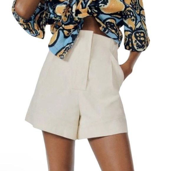 Zara Womens Cream High Rise Bermuda Shorts Pockets Cotton Blend Size XXL - Picture 5 of 5